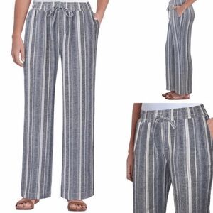 Briggs New York black , white striped Wide Leg Pants linen drawstring pockets